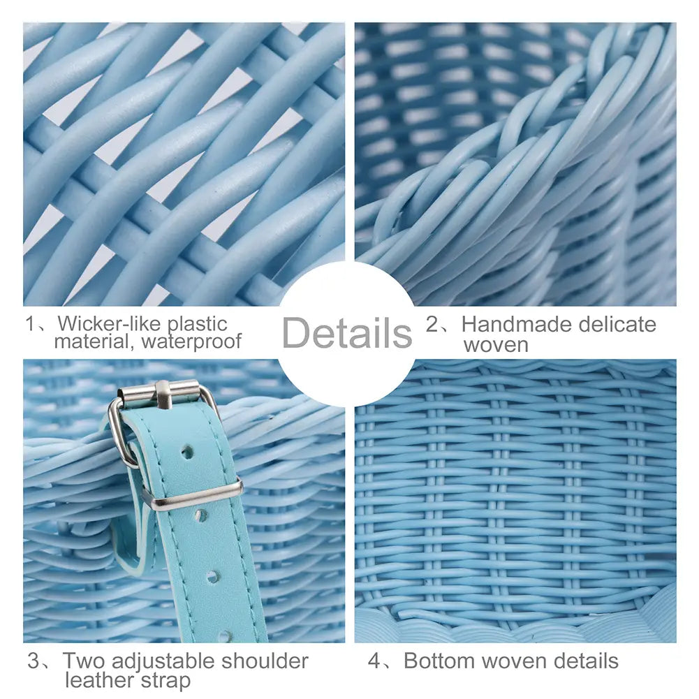 Kids woven bicycle basket set with bell and tassels featuring a light blue wicker-like plastic basket with a handmade woven design and an adjustable leather shoulder strap.
