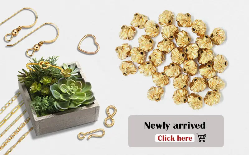 gold-colored flower-shaped beads with textured surface and small holes for threading used with leather hole punch beading awl wood handle steel tool.