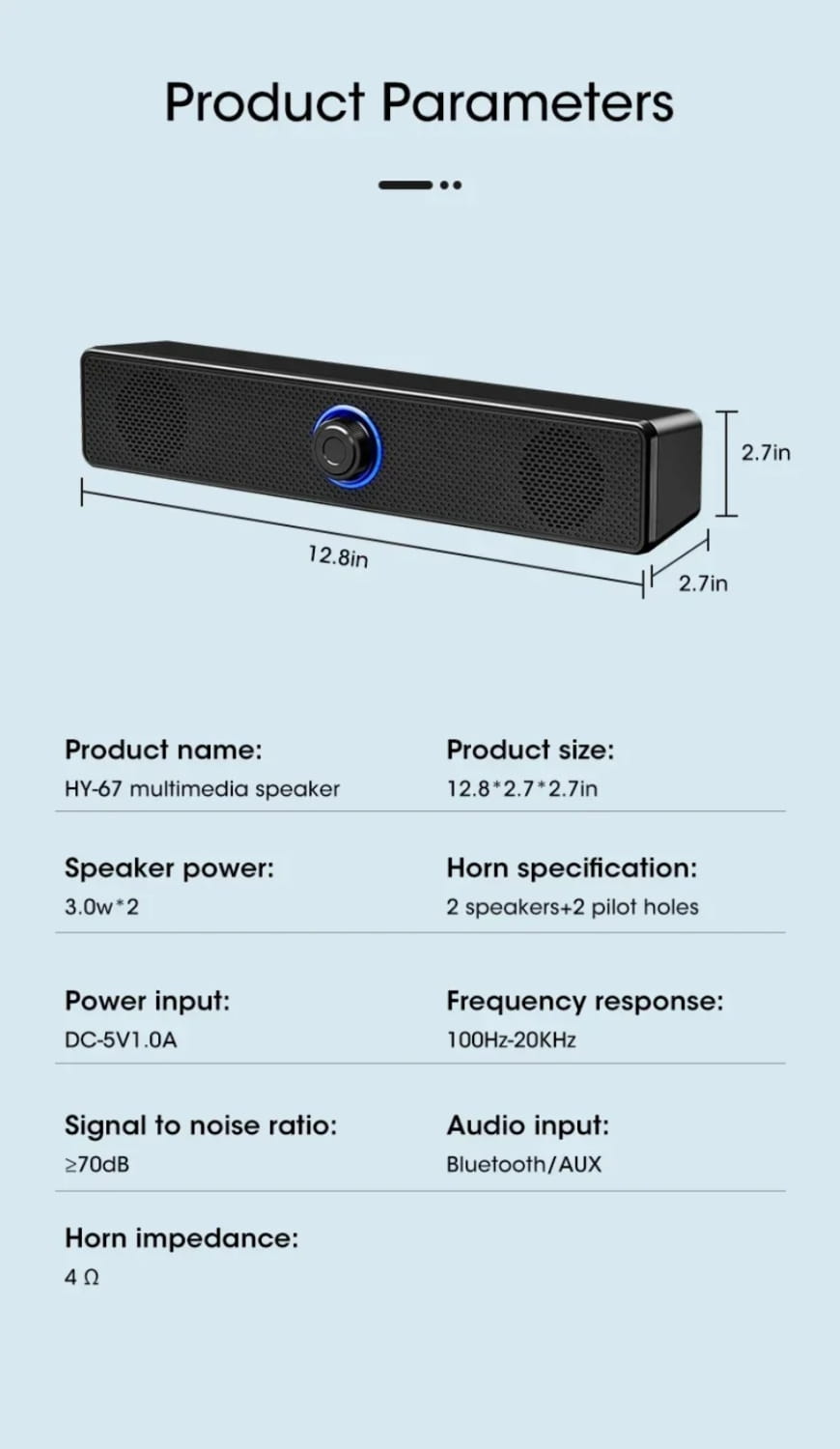 Schwarzer rechteckiger Vikefon-USB-Bluetooth-PC-Soundbar-Lautsprecher mit zentralem kreisförmigen Bedienelement, das durch blaues Licht beleuchtet ist, sowie zwei perforierten Lautsprechergittern auf beiden Seiten.
