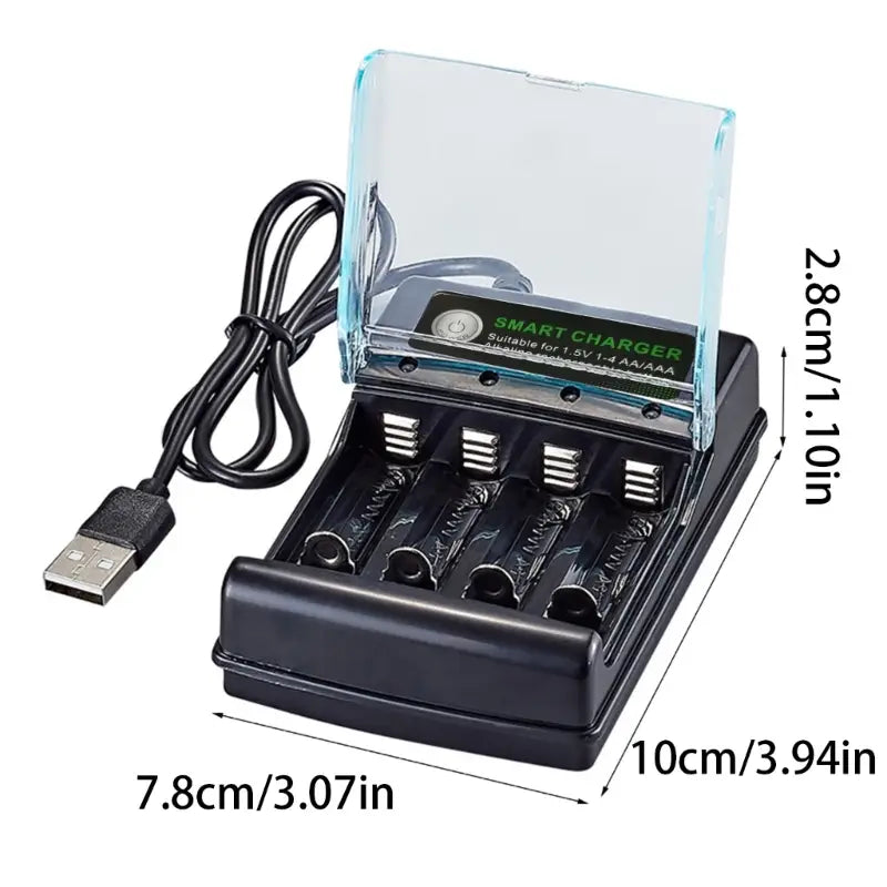 Black plastic 1.5v alkaline battery charger with clear lid and usb cable designed for smart charging of aa and aaa batteries in four slots.