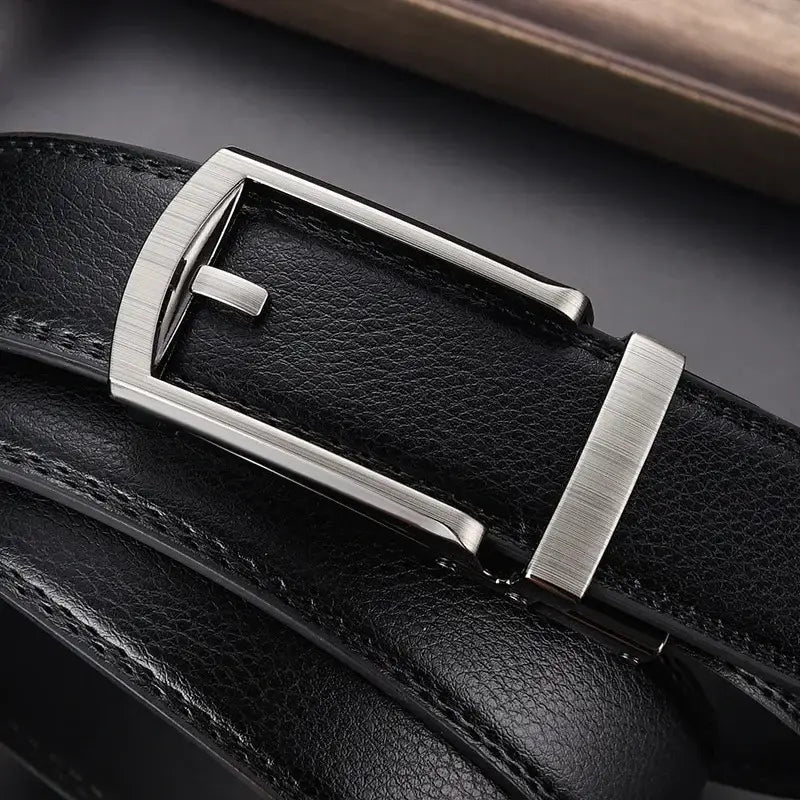 Mens automatic leather belt in black with a sleek brushed silver rectangular buckle.