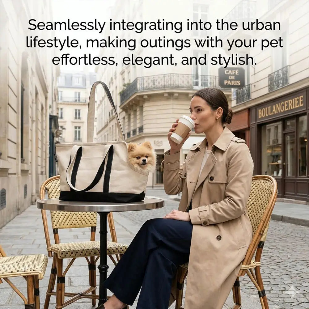 Sac de transport pour animaux de compagnie portable en toile beige avec bordure et poignées noires, avec design de poche avant, adapté à un usage en magasin professionnel et en magasin professionnel en extérieur.