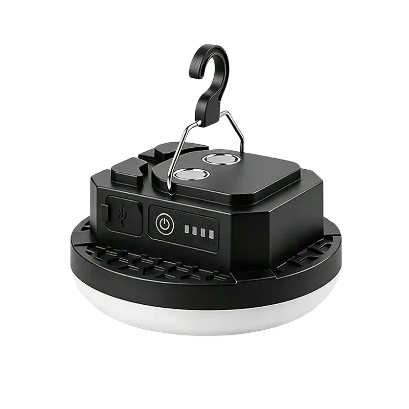 Black and white portable led outdoor camping light with hook usb ports and on off button featuring blue light ambient lighting