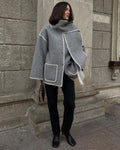 Fall Winter Loose Short Outerwear For Women Oversized Wool Blend Coat Lapel Collar Stitched Trim Side Pockets Single Button