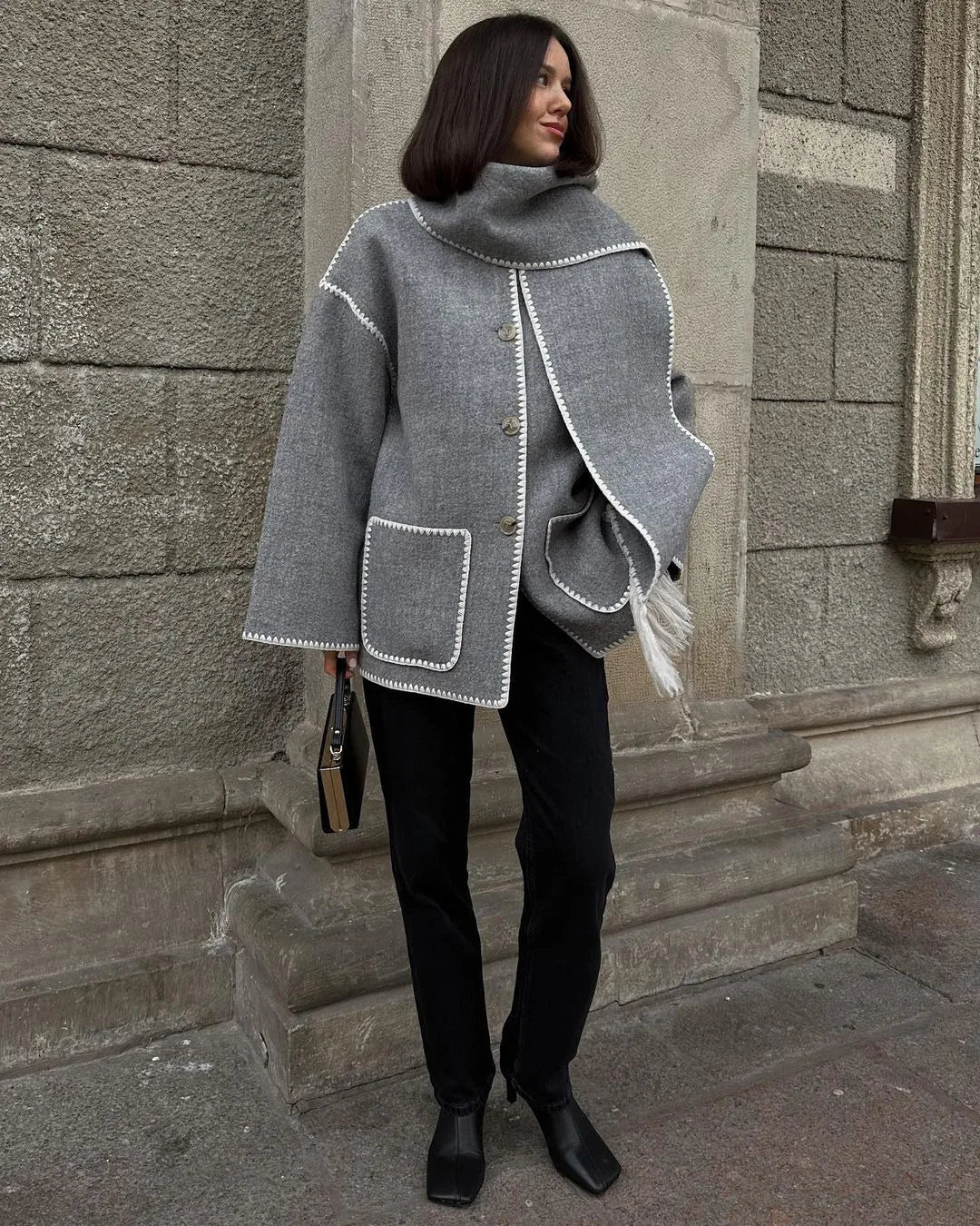 Fall Winter Loose Short Outerwear For Women Oversized Wool Blend Coat Lapel Collar Stitched Trim Side Pockets Single Button