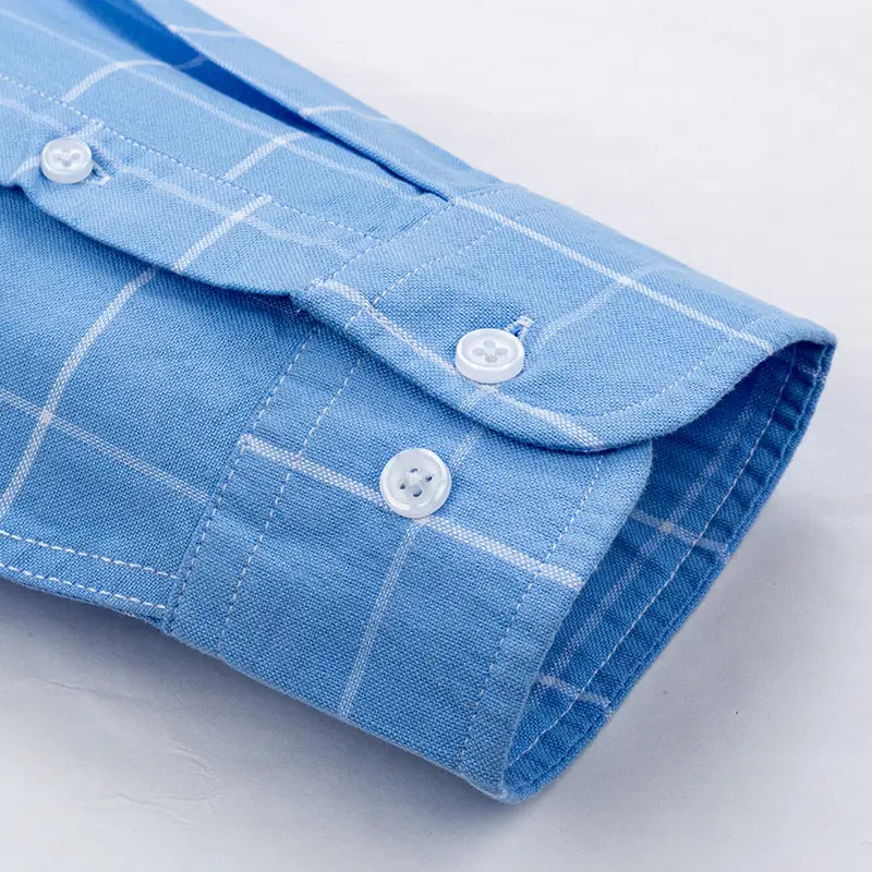 men’s cotton oxford slim fit plaid shirt sleeve in light blue cotton fabric with white buttons.