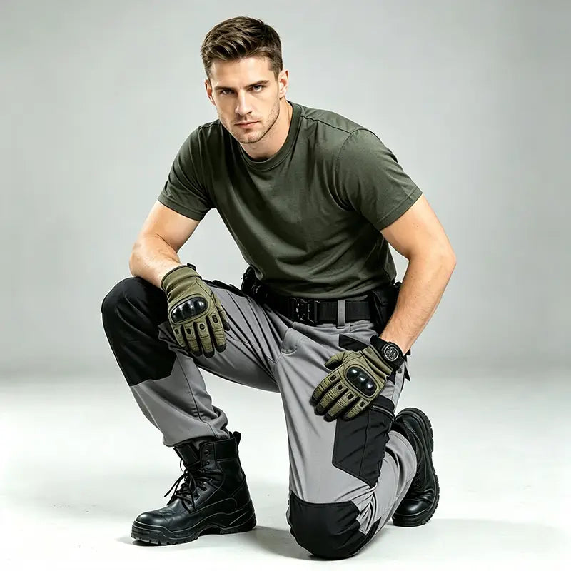 Olive green tactical t-shirt with short sleeves and crew neck made of durable fabric suitable for outdoor and military style activities paired with men winter tactical cargo pants waterproof hiking trousers.