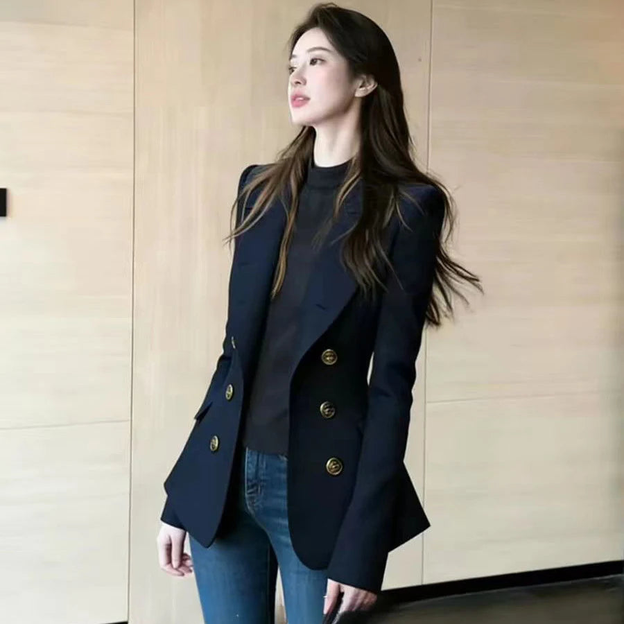 French High-grade Navy Blue Double-Breasted Blazer Jacket Outwear Women's 2026 Spring New Fashion Loose Commuter Suit Jacket Top
