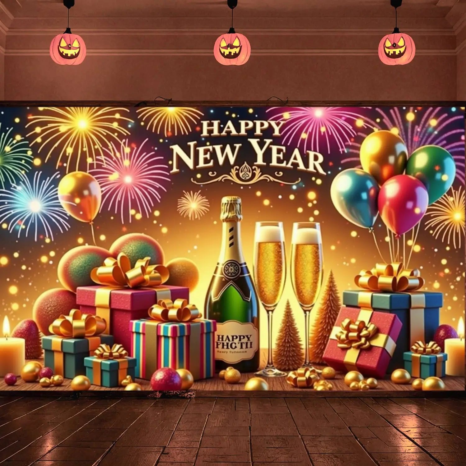 Botella verde de champán con foil de oro y etiqueta de feliz año nuevo, flanqueada por dos vasos llenos, para decoración de telón de fondo de una fiesta de Año Nuevo para la celebración de 2026.