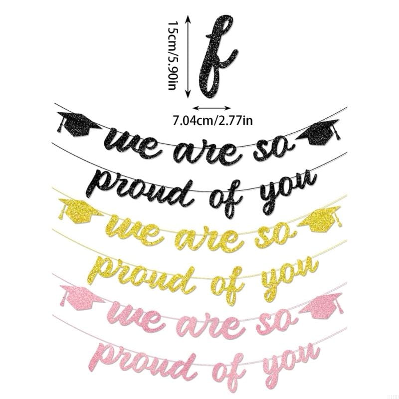 pink glitter graduation proud of you banner featuring a graduation-themed design with glittery black gold and pink lettering and hanging graduation caps on strings.