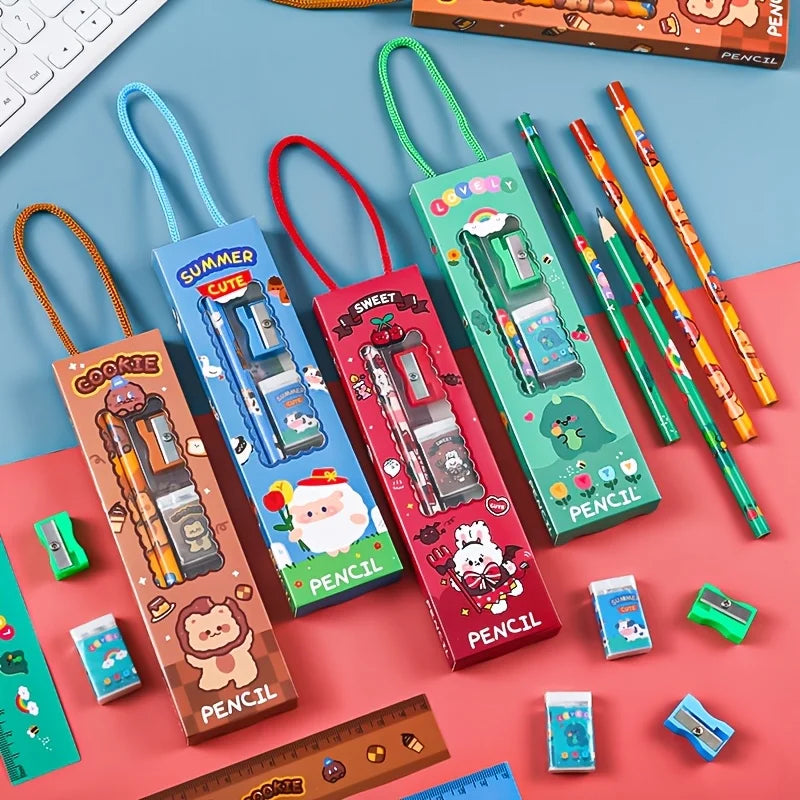 40 Pieces/8 Sets of Cute Stationery Gift Packs, 5/1 Set of Back-To-School Stationery, Each Set Includes a Pencil, Eraser, Sharpener, Ruler (Style/Color Random), High-Quality Stress-Relief Animal Stationery Set, Essential for