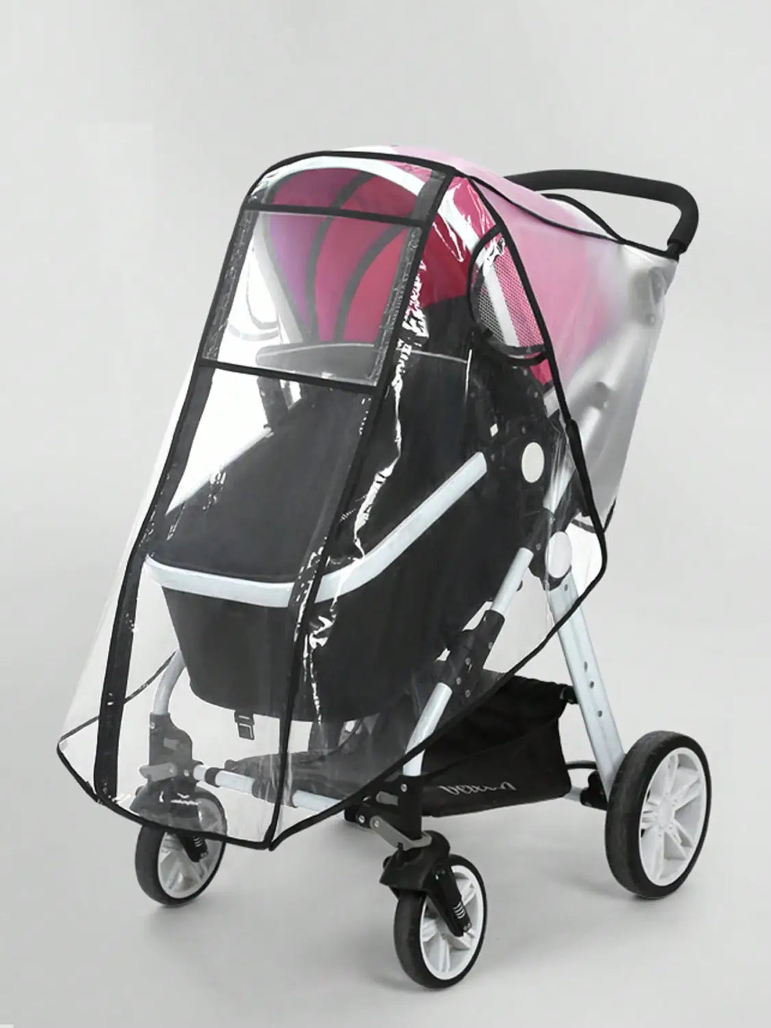 Universelle transparente Regenschutzabdeckung für Kinderwagen mit schwarzem Besatz und Mesh-Einsätzen, ausgelegt zum Überziehen über einen Kinderwagen