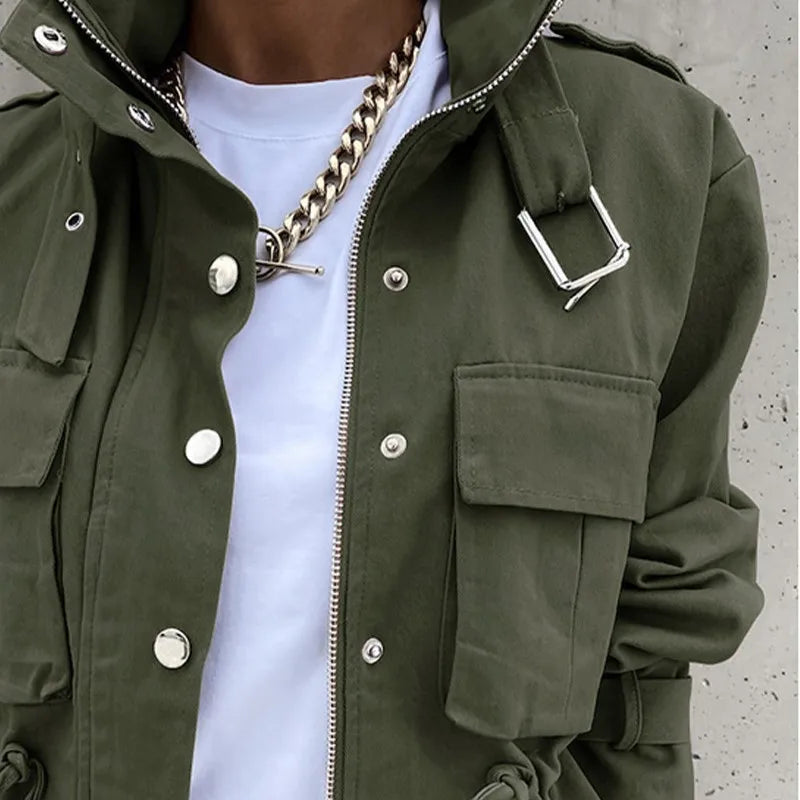 Women's Short Print Trench Jacket Coat With Zipper Stand Collar Loose Windbreaker Casual Clothes Fashion Fall Winter Women Coat