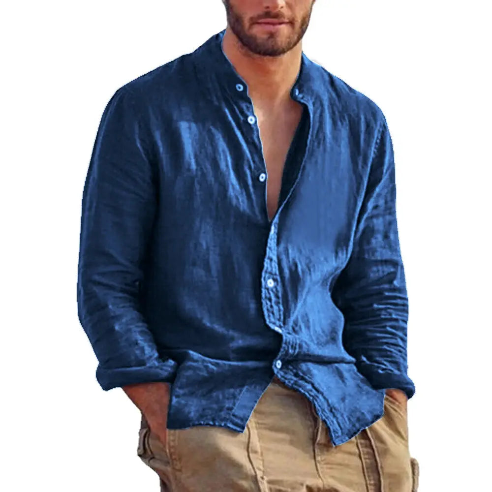 A navy blue men’s linen long sleeve casual shirt with a stand collar button-down front and rolled-up cuffs.