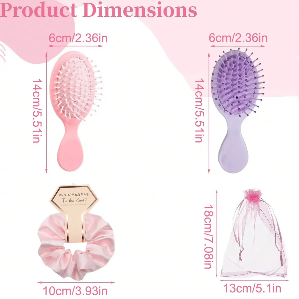 丸みのあるヘッドのピンクおよびラベンダーのプラスチック製ブライズメイド用ヘアブラシ。密度の高いブラシ毛と、ギフトセットに合わせた取っ手が付属