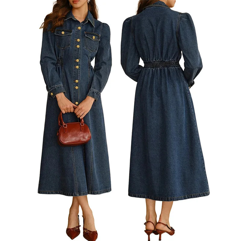 2026 Women's Fashionable Double-Breasted Denim Dress Short-Sleeved Casual Waist Belted New Style