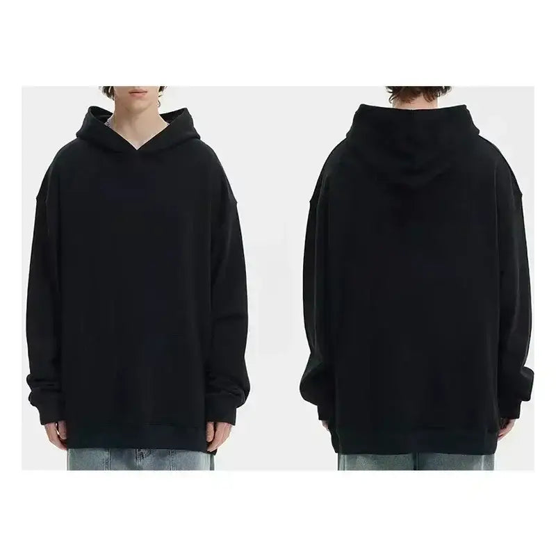 black oversized v back graphic hoodie streetwear pullover with relaxed loose fit and ribbed cuffs shown from the back