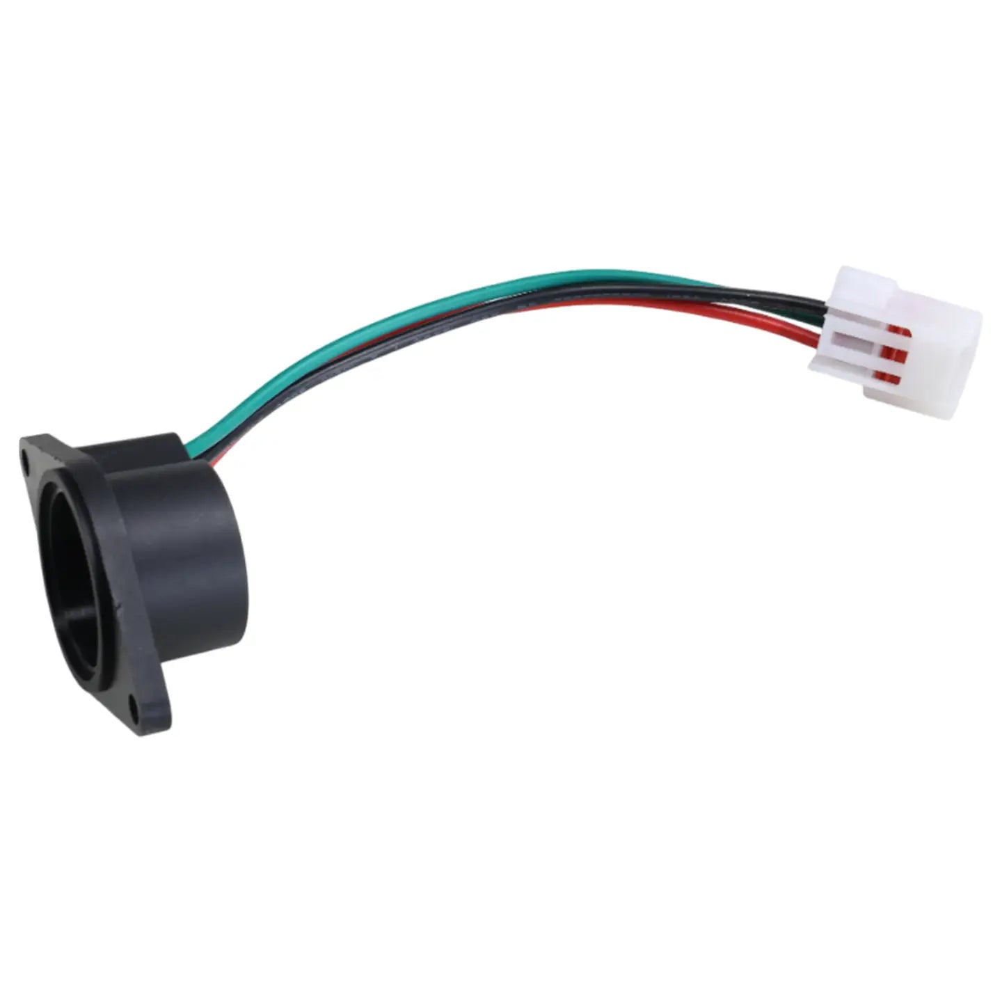 Black plastic E-way golf cart speed sensor replacement showing the back side with a white multi-pin electrical plug and green red and black wires.