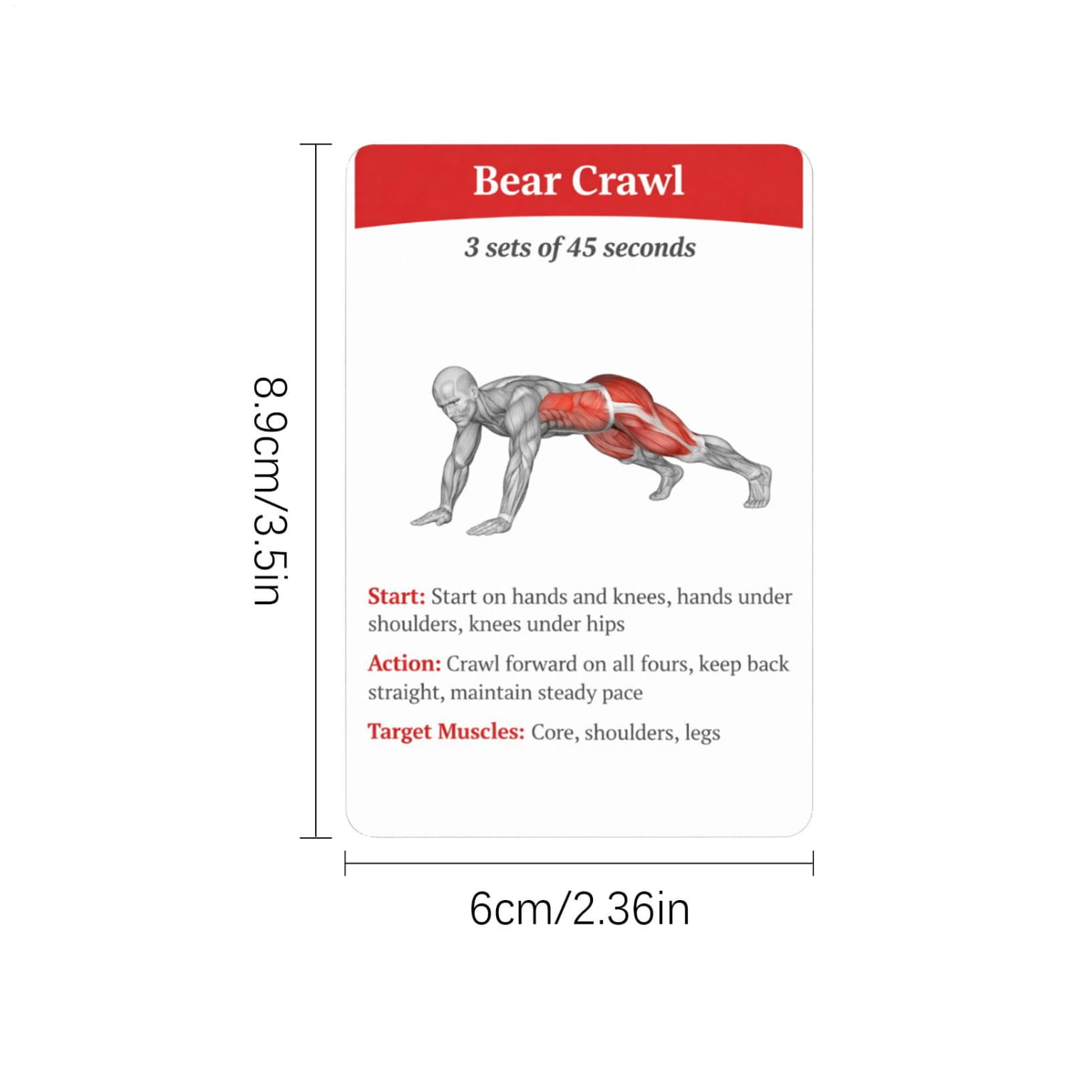 Red and white exercise instruction card for the bear crawl workout from the workout cards fitness exercise deck designed for home and gym use.