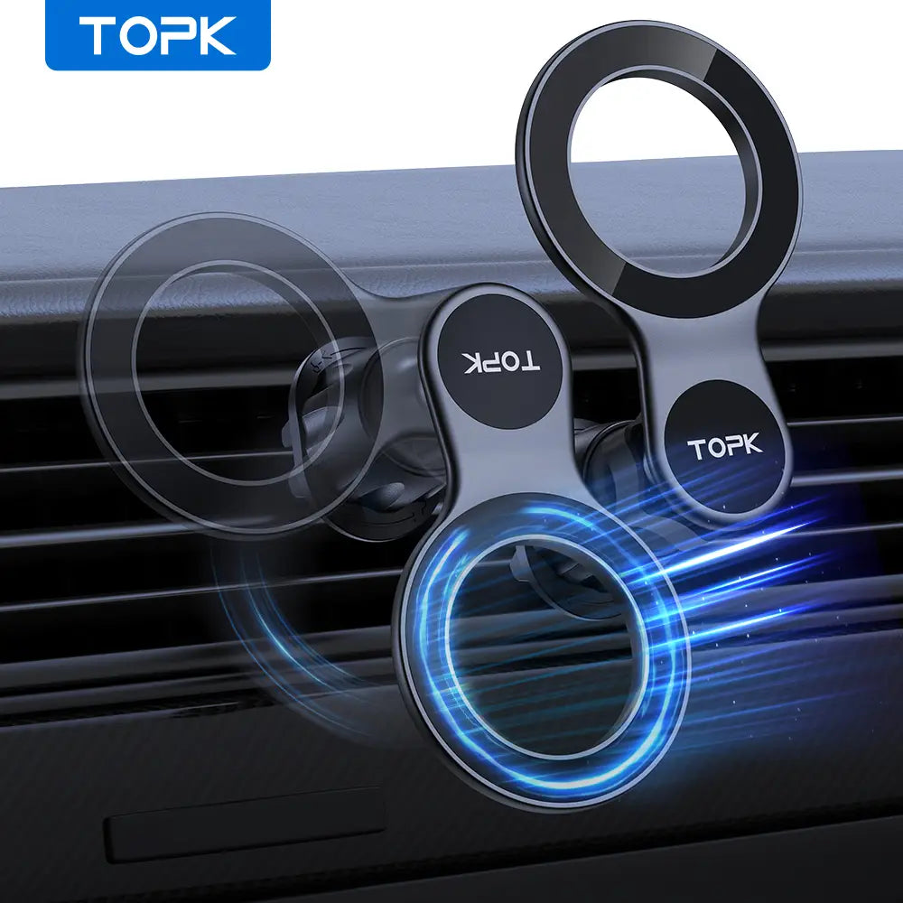 Black magsafe car phone holder with circular rings and blue glowing accents mounted on an air vent viewed from the front.