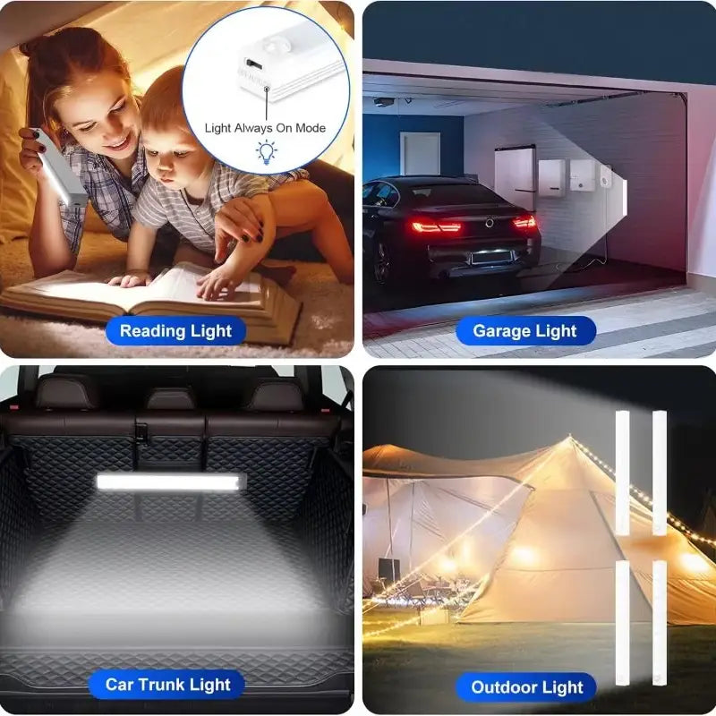 Lámpara lineal LED blanca con batería recargable por USB y sensor de movimiento, diseñada para un uso versátil en iluminación de lectura, garaje, maletero del automóvil o iluminación exterior