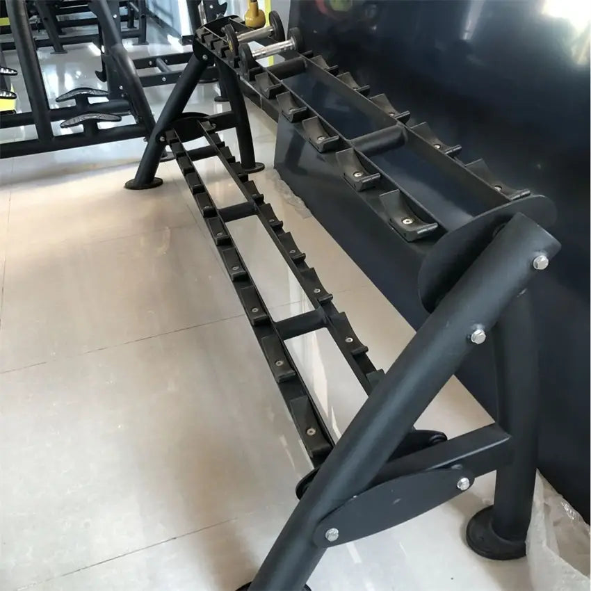 Black metal commercial 2-tier dumbbell rack with multiple slots for holding weights.