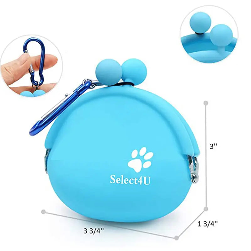light blue silicone pet dog train food snacks pouch with a white paw print logo and two spherical handles