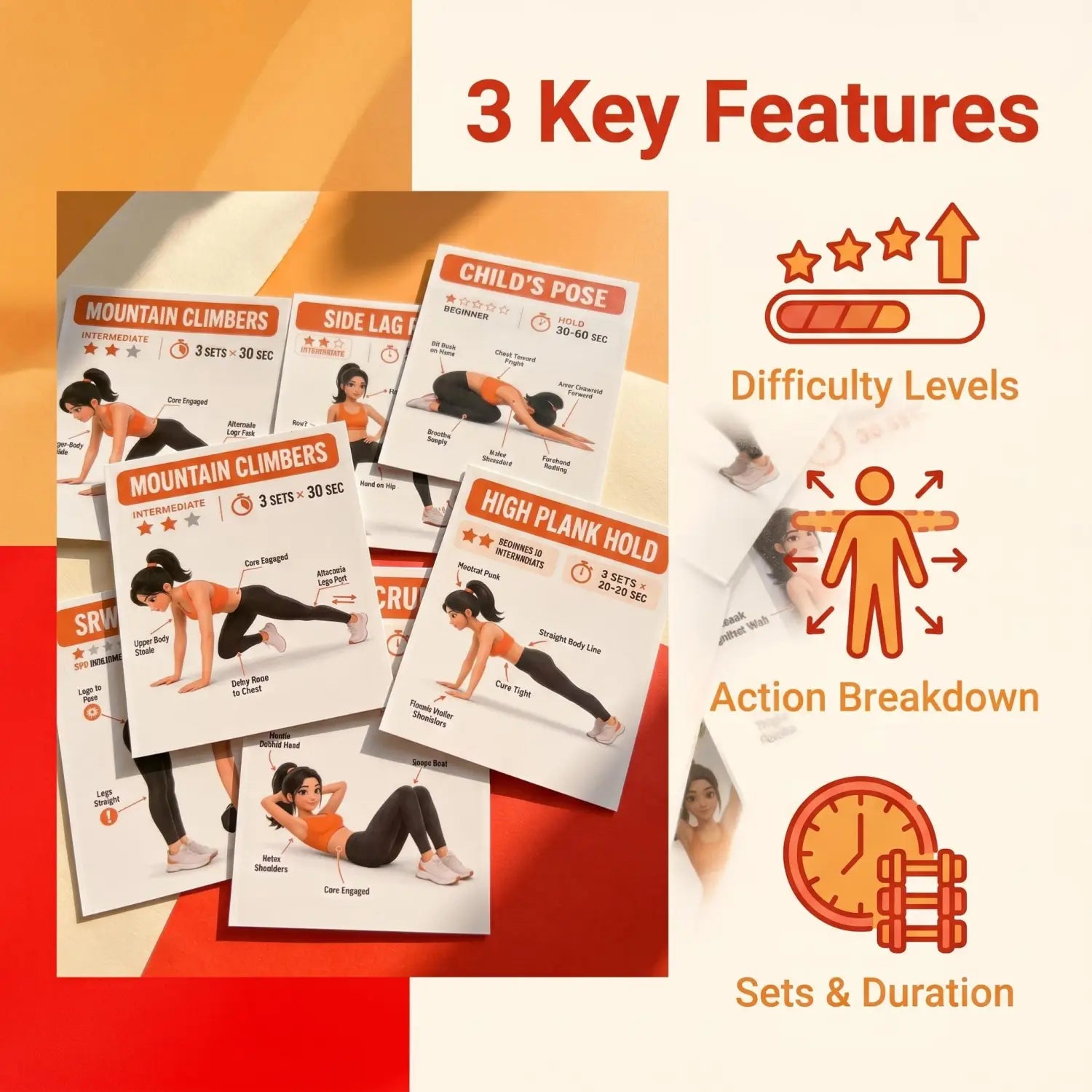 white home workout exercise cards featuring illustrated yoga and fitness poses with text detailing difficulty levels action breakdowns and sets and duration for fitness guidance