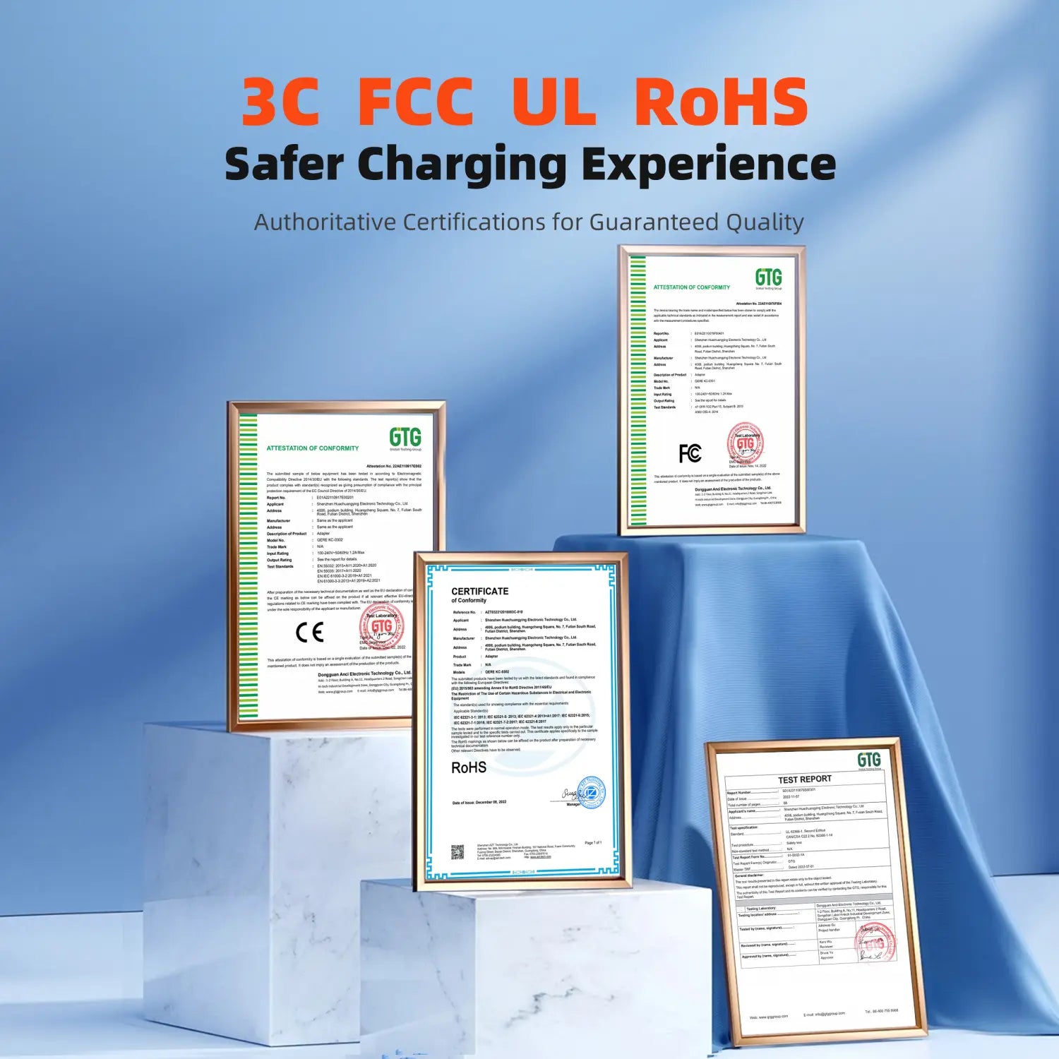 Vier gerahmte Zertifizierungsdokumente mit goldfarbenen Rahmen, die die CE-, FCC-, UL-, ROHS- und GTG-Siegel für die magnetische Wireless-Lade station 65 W präsentieren.