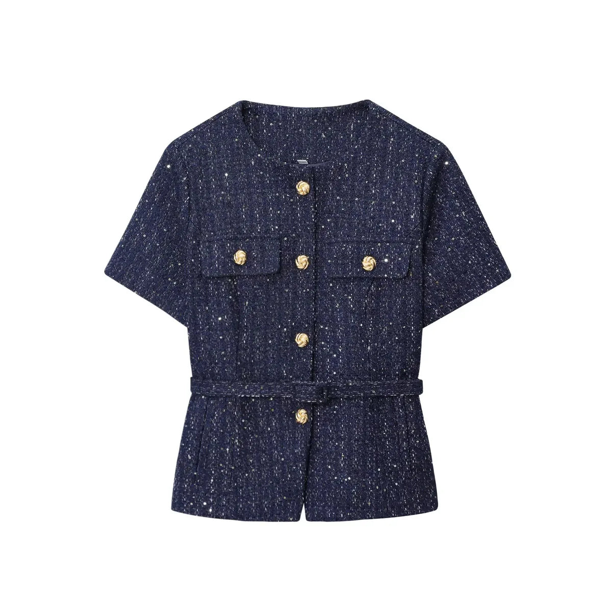 Women 2025 Fashion Blue Tweed Blazer Coat With Belt Female Short Sleeve Outerwear