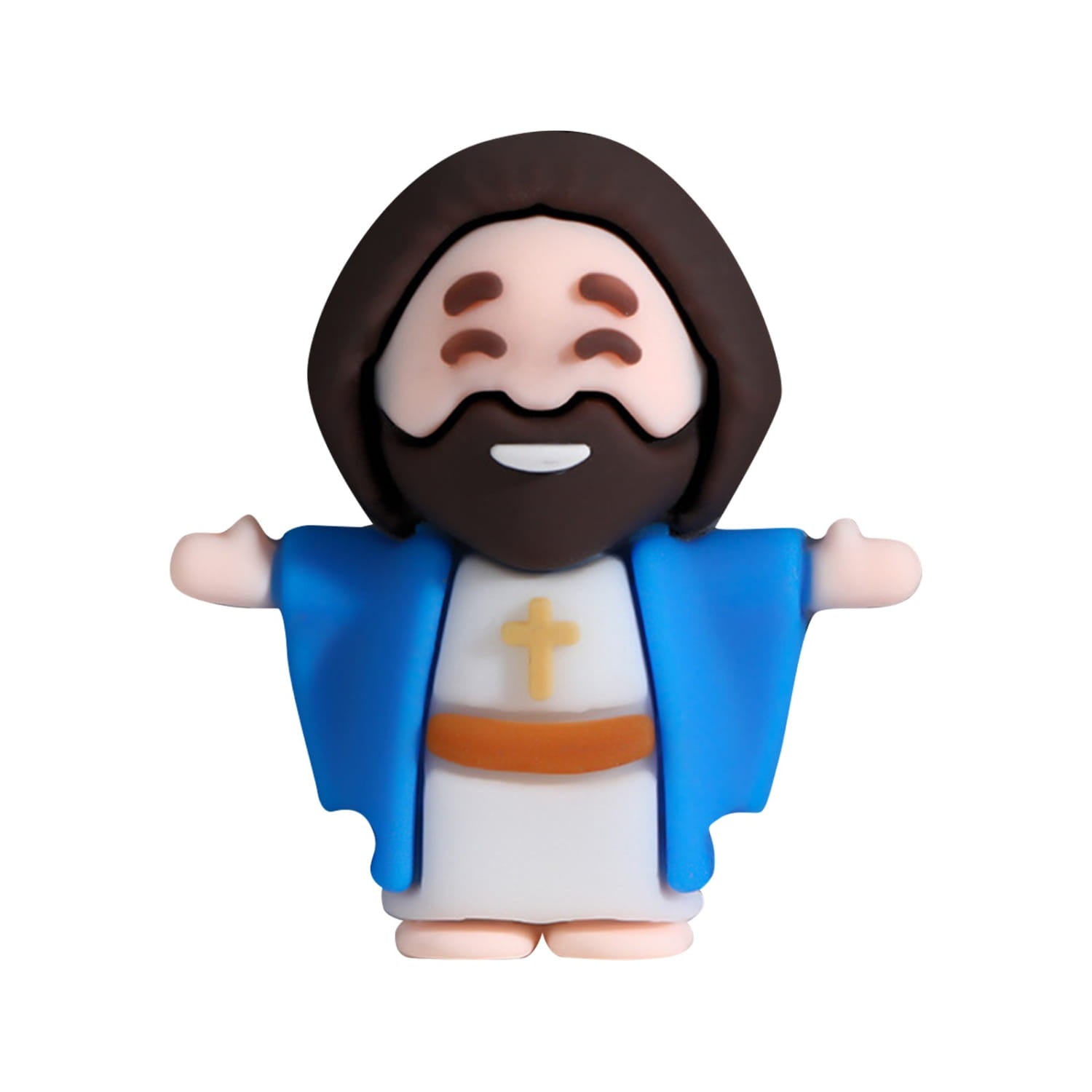 Cute blue and white mini Jesus figurine with brown hair beard and a gold cross on his chest featured in a 10 pcs Easter party favors set.