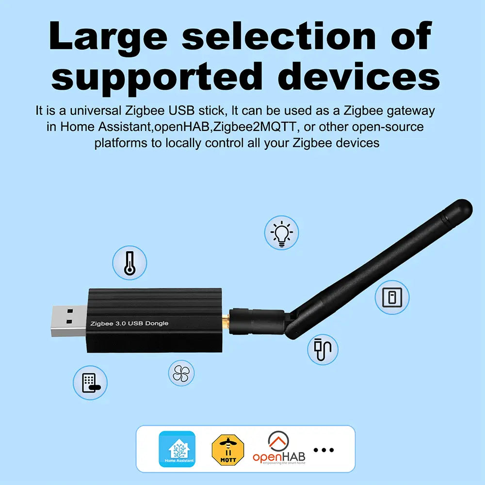 schwarzer USB-Dongle plus Zigbee 3.0 mit abnehmbarer Antenne, entwickelt für Automatisierungssysteme im Smart Home, in der USB-Dongle-plus-Serie für Home Assistant