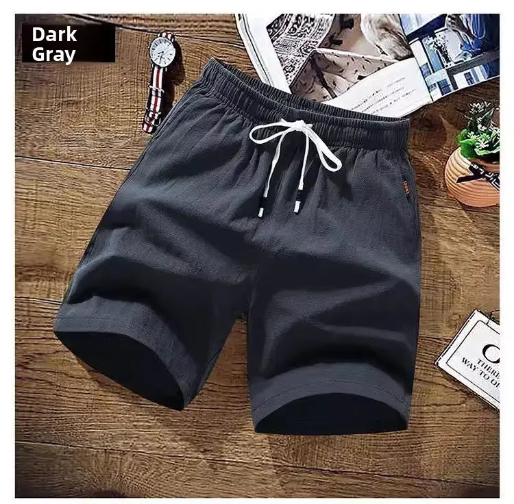 Herren-Leinen-Boxer-Slips aus dunkelgrauer Baumwolle mit weißen Kordelzügen und entspannter, legerer Passform, geeignet für die Sommer-Strandbekleidung