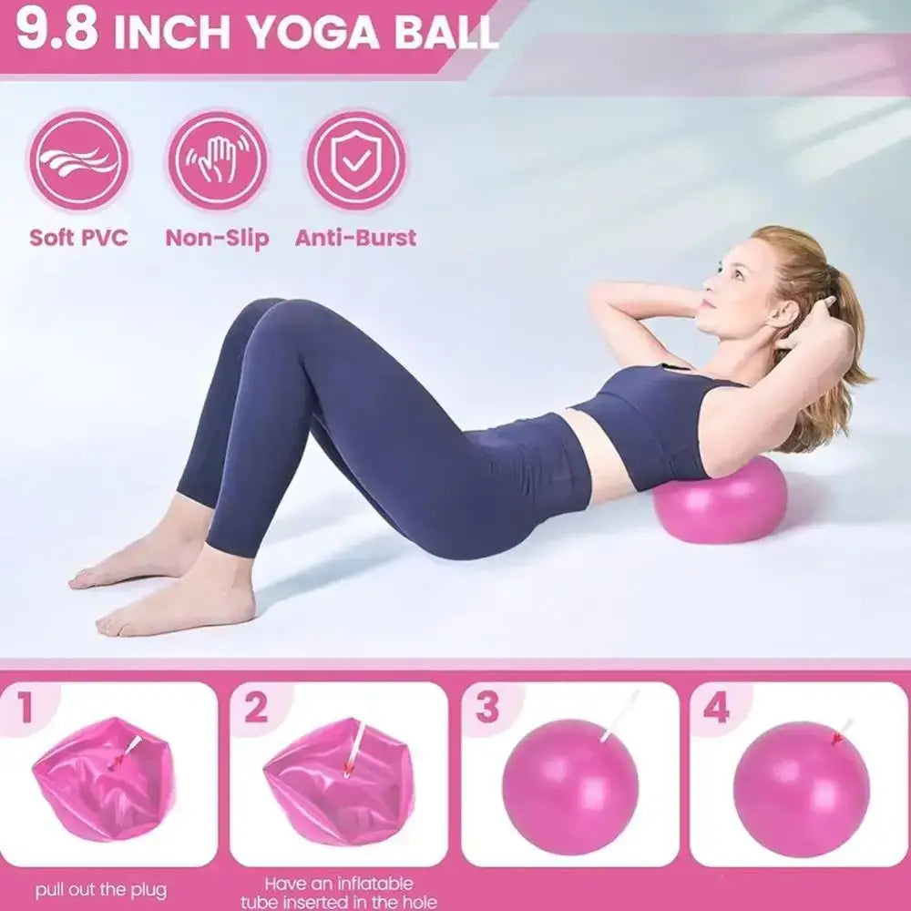 pink 9.8-inch yoga ball made of soft pvc with non-slip and anti-burst features included in a pilates equipment kit 13-piece fitness set