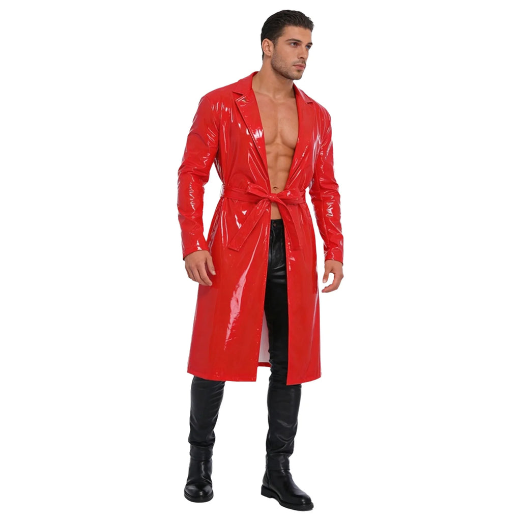 Mens Glossy Long Trench Coat Blazer Lapel PU Leather Open Front Long Jackets with Belt for Casual Life Streetwear Party Clubwear