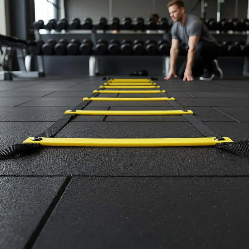 Gelbe Agilitäts-Trainingsausrüstung Speed-Ladder mit schwarzen Nylonstoff-Gurten und Metallverbindern, ausgelegt für Fitnesstraining.