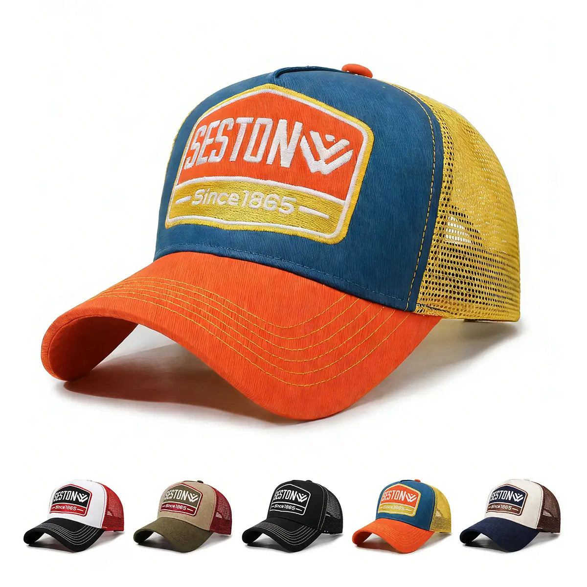 A vibrant blue orange and yellow trucker hat featuring a prominent embroidered seston since 1865 logo patch designed as a baseball cap.