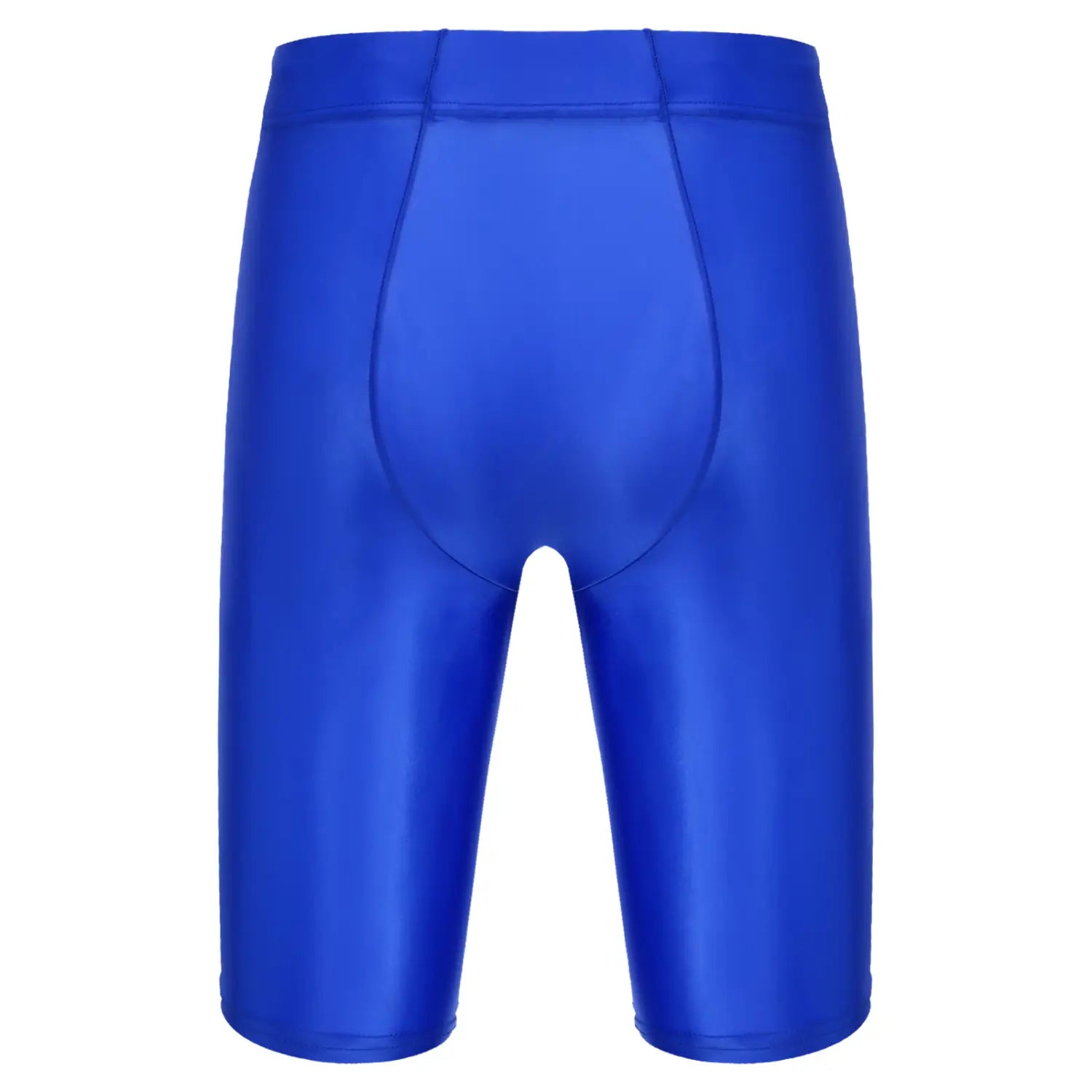 Shorts de ciclismo de neopreno azul real brillantes, con diseño contorneado, mostrados junto con una camiseta de compresión para hombre de manga larga y acabado brillante.