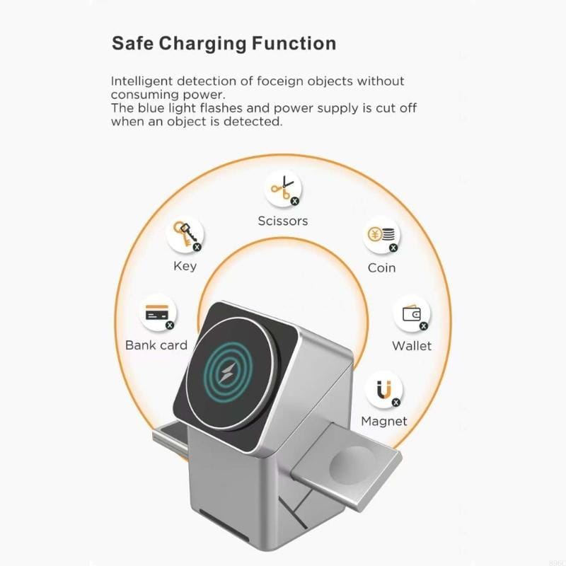 Drahtlose Ladestation für Smartphones mit 15 W, drehbar, mit kreisförmiger Induktionsfläche und seitlichem Fach.