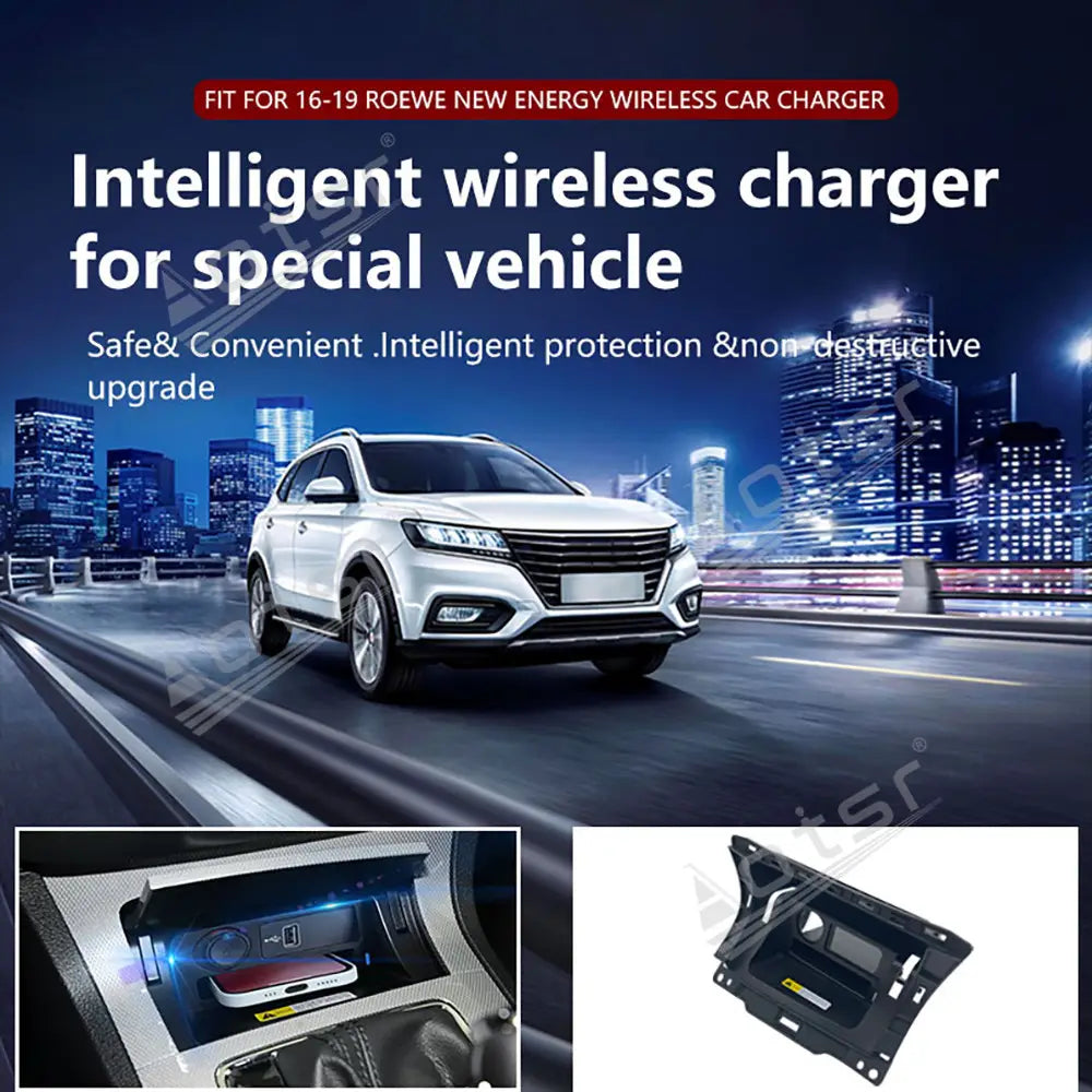 Schwarze Kunststoff-Wireless-Car-Charger-Halterung, ausgelegt für Fahrzeuge von 2016 bis 2019 von Roewe New Energy, dargestellt von der Rückseite.