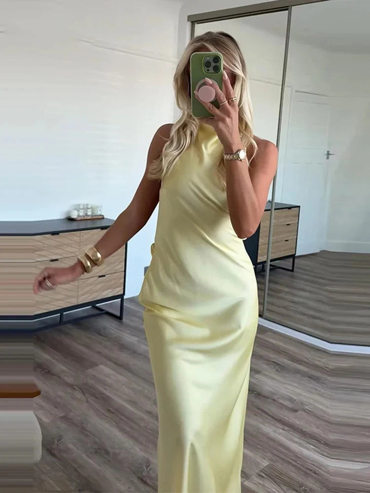 Women's Evening Party Long Dress Summer Female Elegant Satin Backless Halter Dress Lady Pleated Sleeveless Yellow Dresses Robes