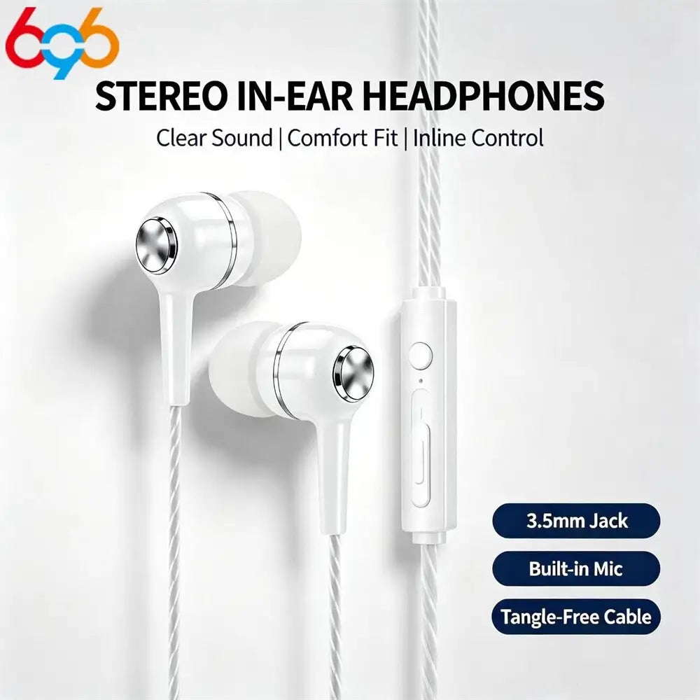 écouteurs filaires intra-auriculaires pour téléphone mobile blancs avec accents métalliques argentés, câble tressé et commandes de micro en ligne.
