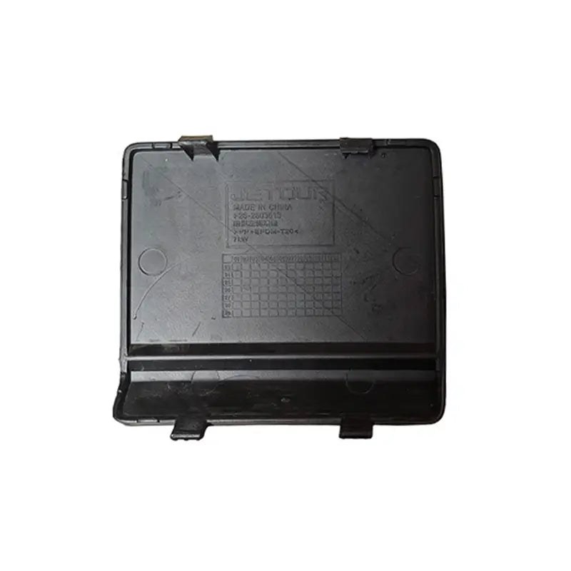black plastic front tow hook cover for Chery Jetour Traveller T2 with molded text and grid pattern on the back side