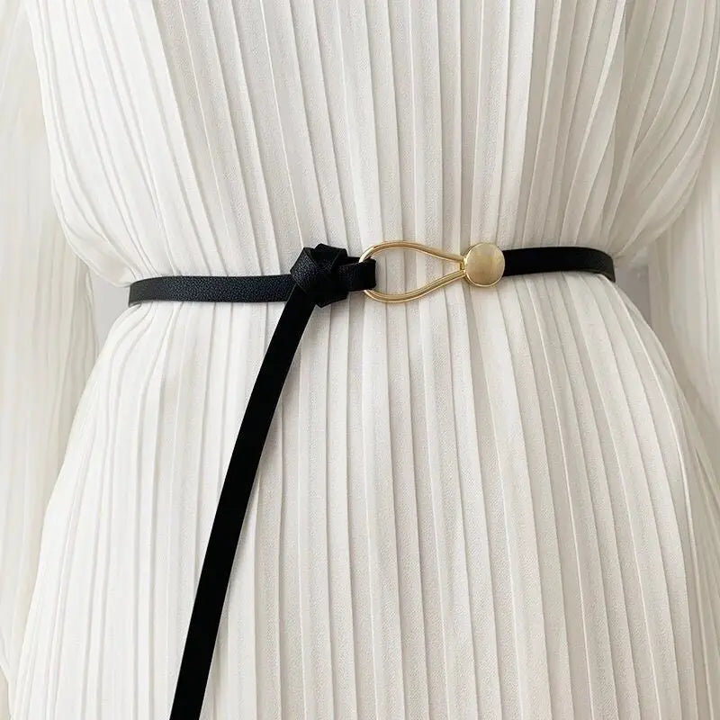 Women Belts Thin Golden Buckle PU Leather Strap For Dress Trousers Casual Black Ladies Female Designer Waistband