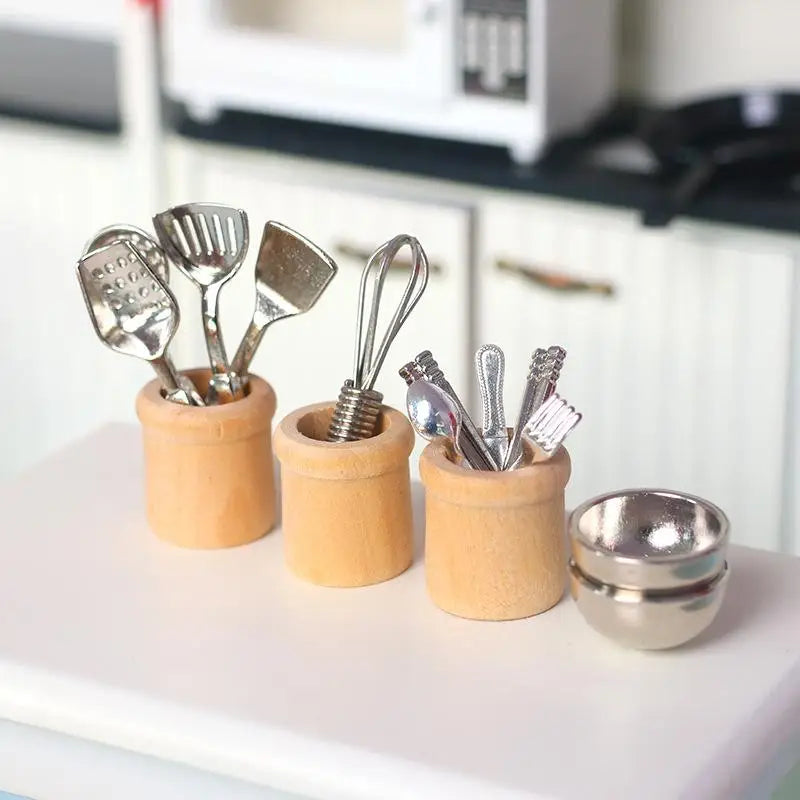 Miniature Dollhouse Kitchen Utensils Set Small Cookware Tools Realistic for Kids Room Decor Pretend Cooking Fun