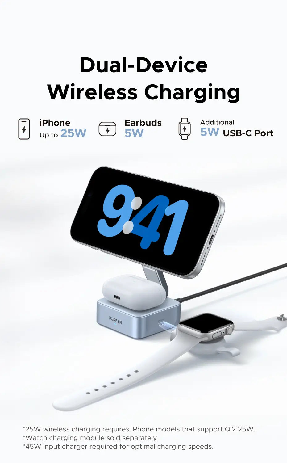 Silberner metallischer magnetischer kabelloser Ladegeräte-Ständer für zwei Geräte mit integriertem USB-C-Anschluss und eigenen Steckplätzen für Telefon, Ohrhörer und Uhr, entwickelt für iPhone.