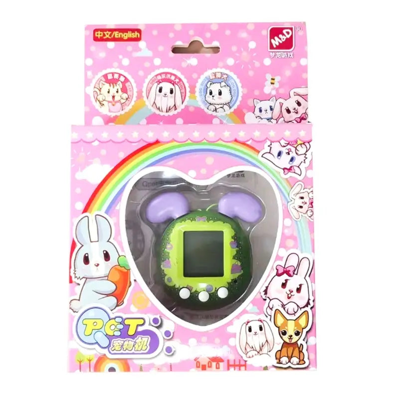 green and purple tamagotchi electronic pet handheld toy in heart-shaped packaging for virtual pet and pet game use