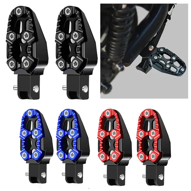 Black and red cnc aluminum motorcycle foot pegs rear with anti slip pedals and star-shaped bolt accents