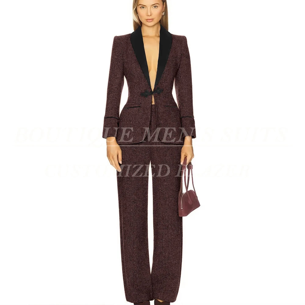 Formal Women's Suits Tweed Single Button Shawl Lapel Slim Fit 2 Piece Jacket Pants Luxury Office Lady Female Clothing Outfits
