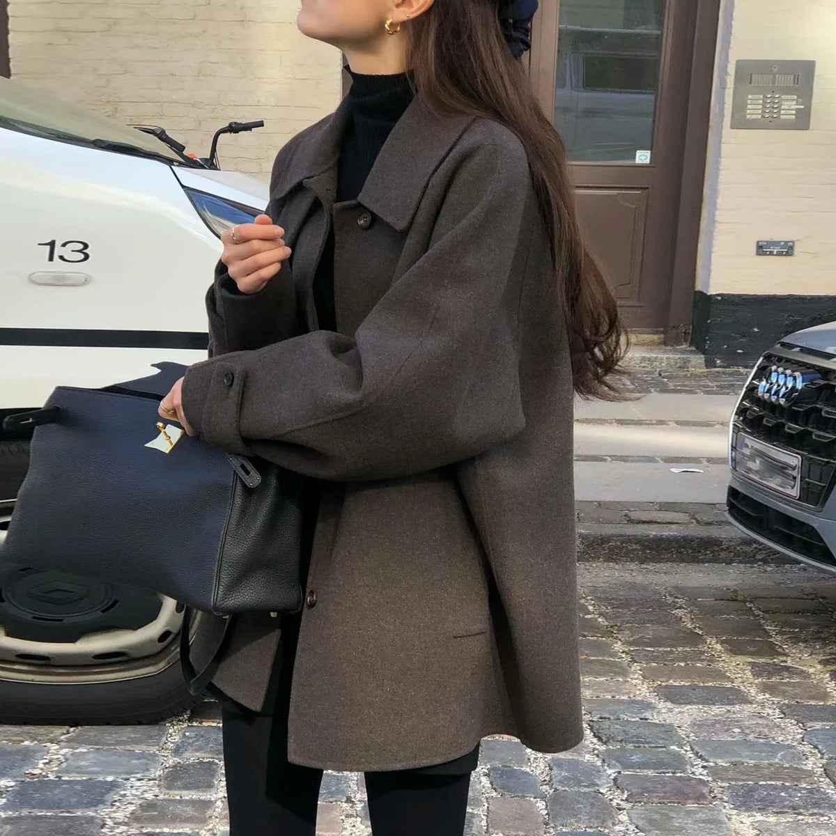 Women's Woolen Coat Elegant Lapel Mid-Length Solid Color  Double-Sided Fabric Lightweight Non Bulky Versatile Office Outerwear